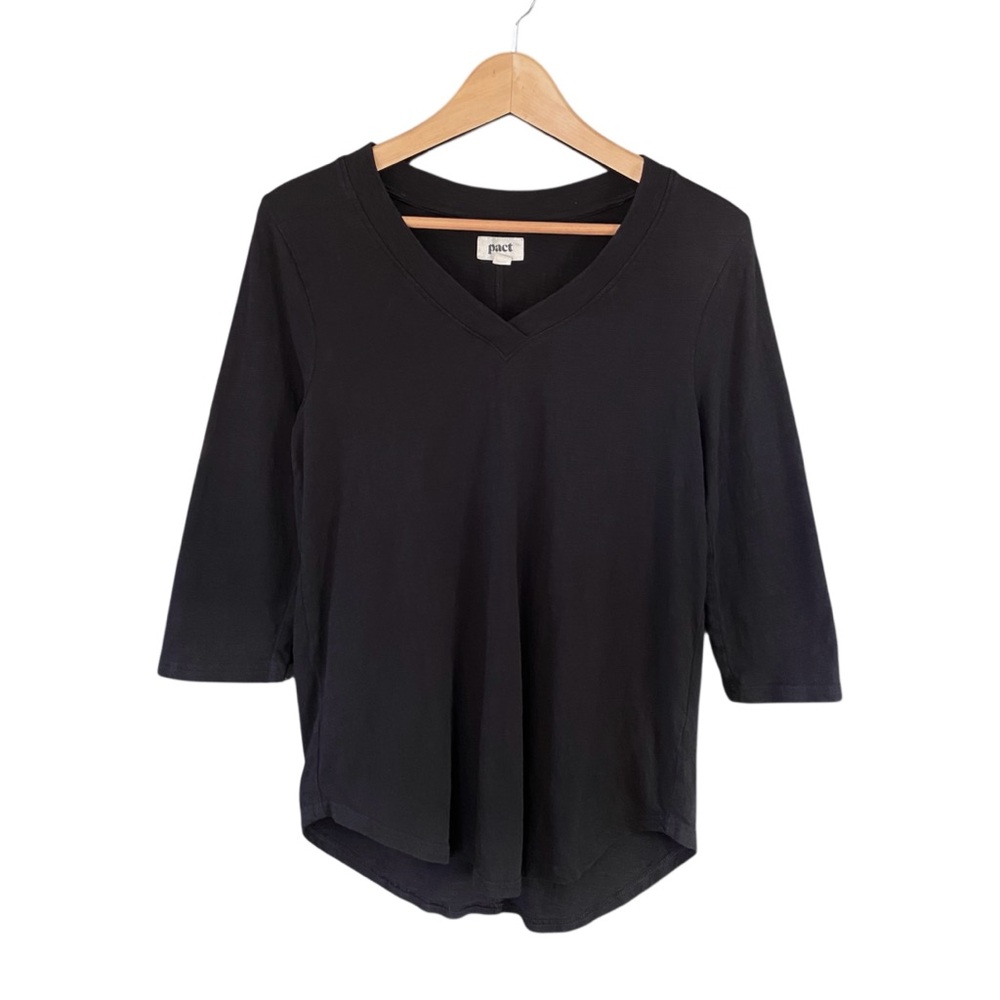 Pact 100% Organic Cotton Shirt Womens Size Small Black V Neck Cropped Sleeve Tee